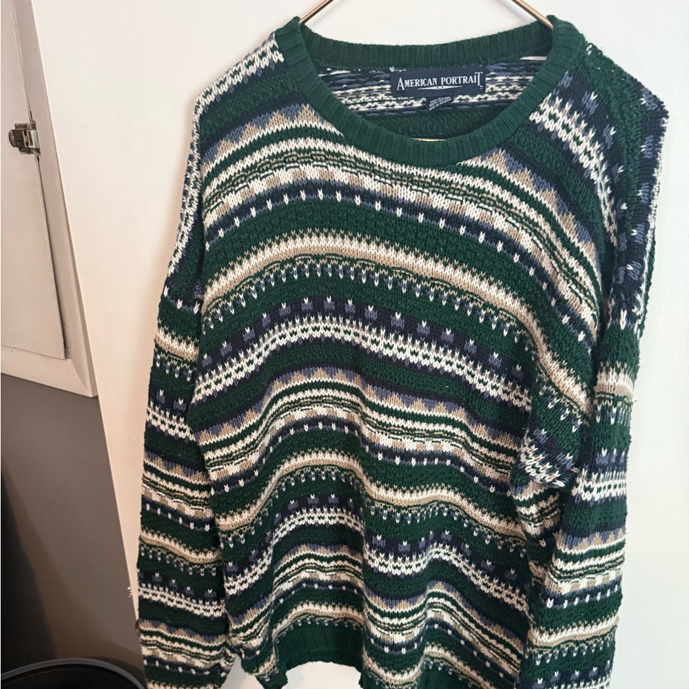 Vintage Green Striped Crewneck Sweater for Men